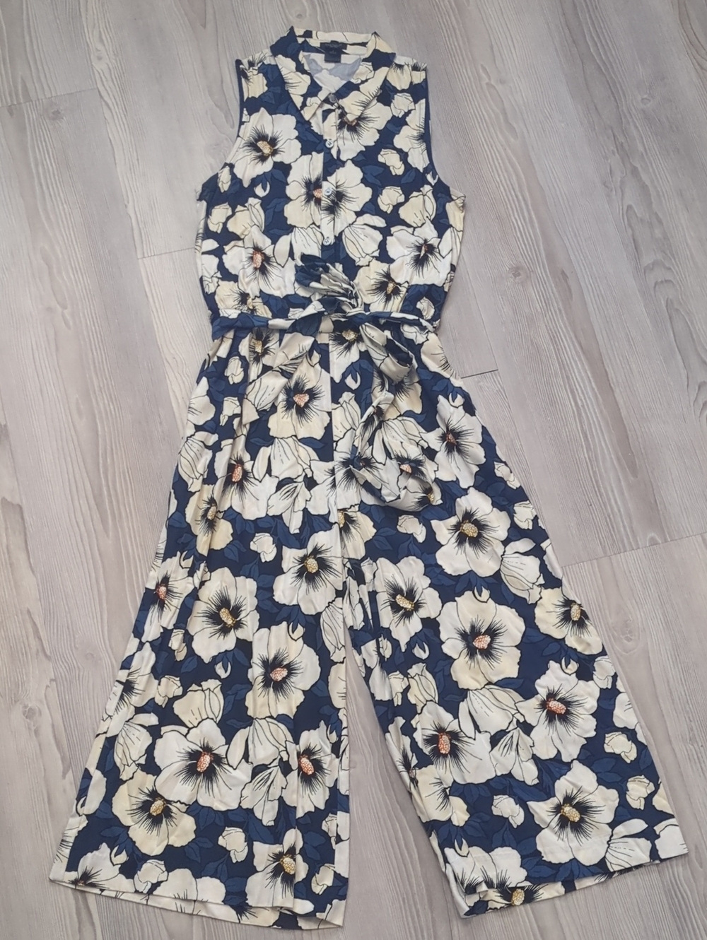 Ann Taylor Navy and Cream Floral Sleeveless Jumpsuit with Tie 2 Summer Wedding